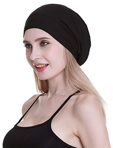 FocusCare Schlafkappe, mit Seidensatin gefüttert, innen 19 mm, 100% Maulbeerseide, außen aus Bambus, Viskose, atmungsaktiv, für Haare, schwarz, Einheitsgröße