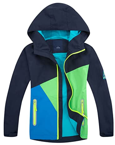 YoungSoul Kinder Regenjacke mit Farbblock Mädchen Jungen Übergangsjacke Outdoorjacke Win und Wasserdicht Windjacke mit Kapuze Marine, 130 (L)