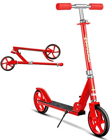 WRRAC-Trampolin Faltbare Roller Kick Scooter mit 2 Rädern, Schnellklappsystem, Stoßdämpfungsmechanismus, 8 Zoll große Räder für Erwachsene Teenager, Rot