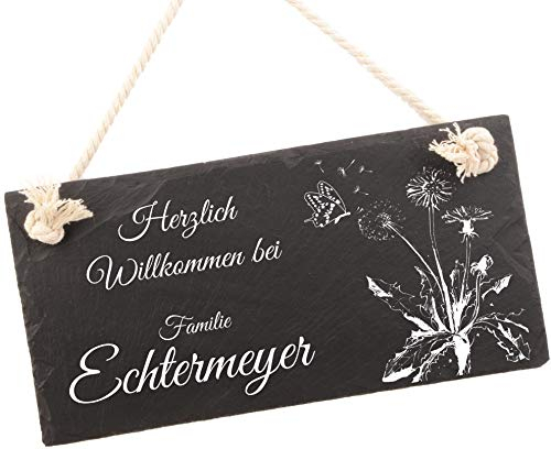 Haustürschild in Schiefer personalisiert mit Ihrer Wunschgravur Türschild Pusteblume aus Naturschiefer, Haustürschild mit Namen - 30 x 15cm – inkl. Kordel.