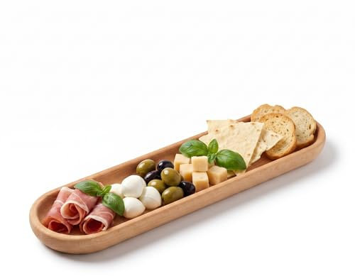 Bandeja única, forma larga redondeada, ideal para aperitivos, madera de haya, 46 x 12 x 3 cm
