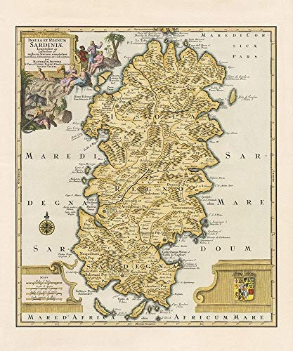 Bild på ROLLED CANVAS forntida karta Sardinien ön anonym - europeiskt vertikalt konsttryck Sardinien ön Medelhavet forntida karta europeisk kanvas fin konst 26_X_21_in