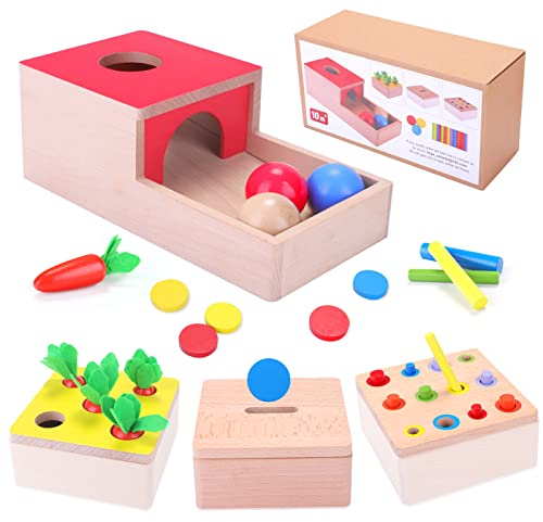 Holzspielzeug ab 1 Jahr | 4 IN 1 Baby Motorik Spielzeug für 6 Monate Jungen und Mädchen | Montessori Objektpermanenz Sortierspiel Holzpuzzle für Kinder als Weihnacht Geburtztag New Jahr Geschenk