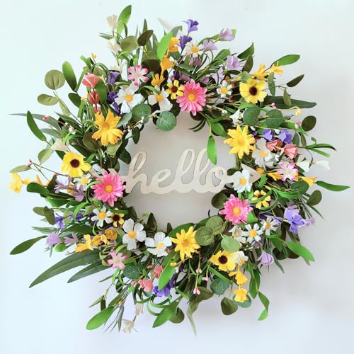 TOKCARE Spring Wreaths for Front Door with Hello Sign, 22 Inch Artificial Eucalyptus Summer Wreath, Colorful Daisy and Jasmine Flower Garland for Farmhouse Decor Indoor Outdoor