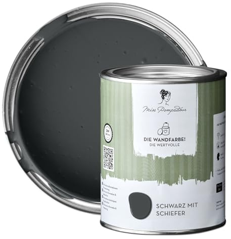 MissPompadour stumpfmatte Wandfarbe Schwarz mit Schiefer 1 L, für Innen | Edles Finish, spritzfrei, wasserbasierte Innenfarbe, einfach zu verarbeiten, hochdeckend