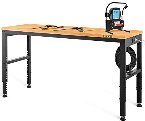 Vevor Banco de Trabajo de Altura Ajustable 72-97 cm Banco para Taller Escritorio de Tablón de Roble 183 x 64 cm Carga de 900 kg para Garajes, Talleres, Oficinas, Hogares, Marrón