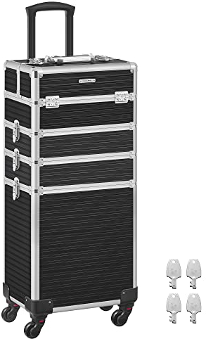 SONGMICS Kosmetikkoffer, Trolley, 4-in-1 Schminkkoffer, extra groß, Friseurkoffer, 34 x 24 x 79,3 cm, abschließbar, Make-up Koffer, 360° drehbare Rollen, für Reisen, Geschenkidee, schwarz JHZ015B01