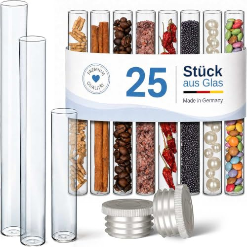 Tuuters Reagenzglas mit Silber-Verschluss 25 Stück (180 x Ø20mm) Flachboden | Hochwertiges Glasröhrchen 180x20mm für Gewürze, Zigarren zur Hochzeit, als Gastgeschenke zur Taufe, Made in Germany