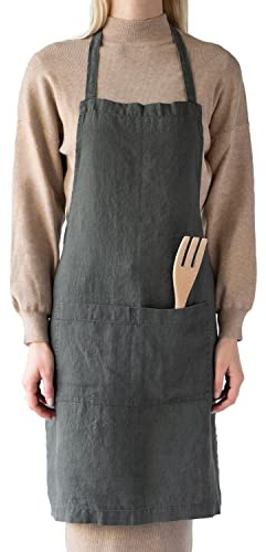 My Linen Home Leinen Kittelschürze aus 100% Stonewashed Leinen, Verstellbare Koch- und Küchenschürze für Damen und Herren mit Zwei Taschen