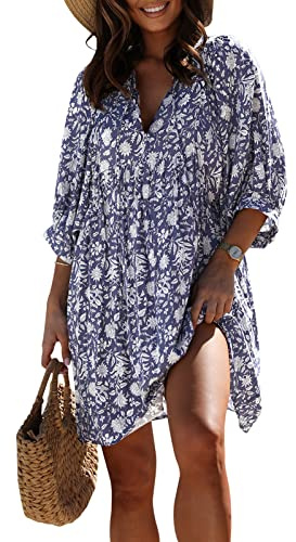 miduo Womens Dresses Summer Casual V Neck Loose Short Sleeve Boho Beach Floral Mini Swing Short Dresses Blue Iris M