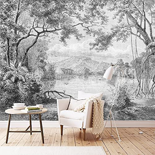 Schwarz-Weiß-Retro-Linie Regenwald-Dschungel Fototapete 3D Wandbilder, Panoramawandbilder Große Tapete Dekoration Gemälde Tapete, Geeignet Für Wohnzimmer Und Schlafzimme 140 (Breite) x 70 (Höhe) cm
