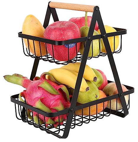 JUVEL Cesta para Fruta 2 Pisos Cesta de pan Cesta de Verduras Soporte de Madera Fruteros de Cocina Modernos Cesta de Frutas Desmontable para Almacenamiento de Cocina