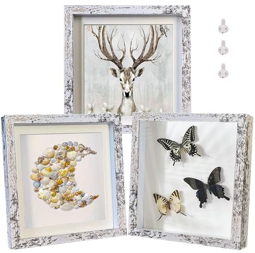Houstimi Rustikaler 20,3 x 20,3 cm, weißer Schattenbox-Rahmen aus Massivholz und Echtglas, Innentiefe 1,5 cm, für Wand oder Tischplatte (3 Stück)