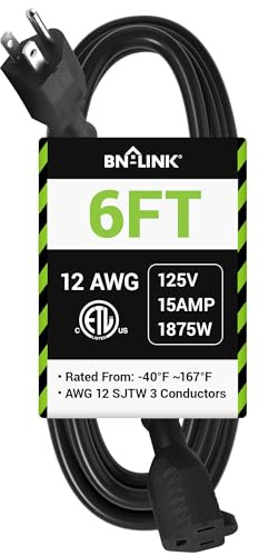 BN-LINK 6ft Outdoor Extension Cord, 12/3 SJTW Heavy Duty Power Cord, 3-Prong Grounded Plug, Weather Resistant, 15A, 1875W, Black, for Lawn, Garden, Appliances, ETL Listed