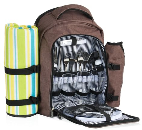 CampFeuer Picknickrucksack 32-teilig | Picknickset für 4 Personen | braun meliert | mit Flaschenhalter, Picknickdecke, Kühlfach und Campinggeschirr | Freizeitrucksack, Campingrucksack
