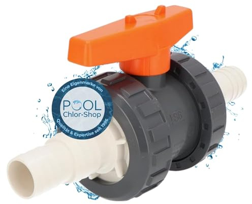 Duraol 2-Wege Pool Kugelhahn mit beidseitigem Schlauchanschluss | Drehschieber für Schlauch 32 / 38mm | Absperrhahn für Pool | PVC Klebe-Fitting I Hochwertiges Pool Zubehör