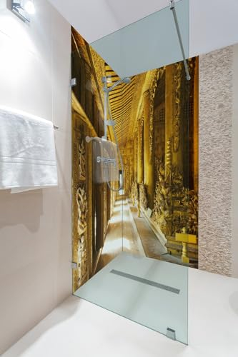 Wallario Selbstklebende Duschrückwand 180 x 180 cm, 2-teilig mit Motiv Buddhistischer Tempel aus Holz - Mandaley - Wandverkleidung Fließenersatz mit Hochglanzlaminat in Glasoptik