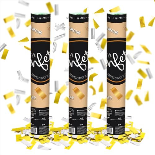 OH YEAH - 3 Uds Cañón Confeti Boda 30 cm - Cañones de Confeti Oro y Plata - Ideal para Bodas - Celebraciones - Decoración Eventos - Gran Potencia de Alcance - Para Interiores y Exteriores