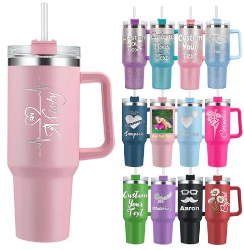 Thermobecher Personalisierter mit Henkel und Strohhalm 1200ml Becher mit Namen, Logo, Geburtsblume und Text Personalisierte Geschenke für Männer und Frauen Vatertagsgeschenk Muttertagsgeschenke