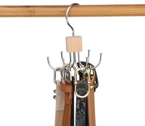 LMSAWK Belt Hanger For Closet, Hanging Holder Storage Hook for Belt, Rotatable Belt Rack Closet Accessories, for Socks, Belt, Gloves, 6 Hooks, Wood Color