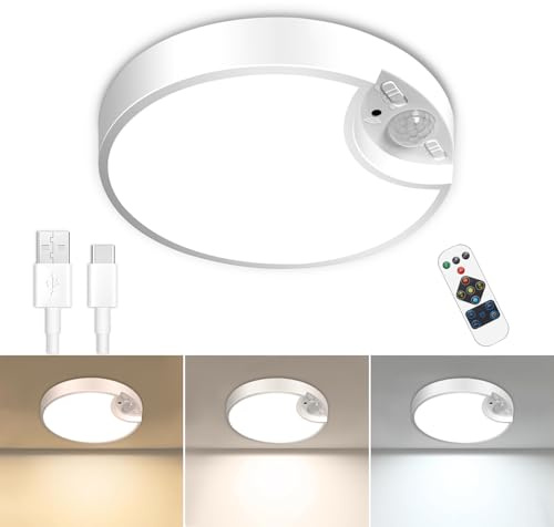 Caldarax LED Akku Deckenleuchte mit Bewegungsmelder, Deckenlampe Bewegungssensor Innen mit Fernbedienung, 260LM Batteriebetrieben Dimmbar Nachtlicht für Flur, Küche, Badzimmer, Garage, Treppe, Keller