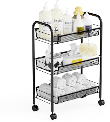 WELDUN Rollwagen Küchewagen mit 3 Ebenen, Metall Regal auf Rollen mit Griff für Küche, Badezimmer, Schlafzimmer, Büro, Schwarz
