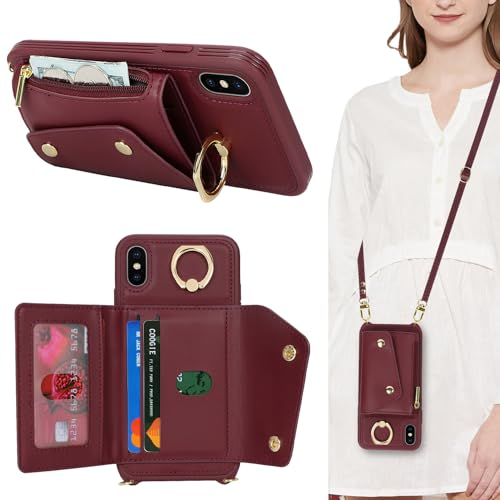 Lipvina Hülle für iPhone X/XS Hülle mit Band Kartenhalter handyhülle Hülle für iPhone X/XS mit Reißverschluss Band Ring Ständer Case für Frauen - Rot