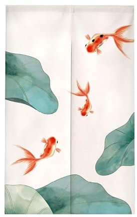 tür Vorhang 2x42.5x150cm Lotusblätter und Fische Room Divider,Japanese Style Door Curtain Restaurant Entrance Hanging,Half Curtain Decorative Curtains,Küche Shop Tür Halber Vorhang