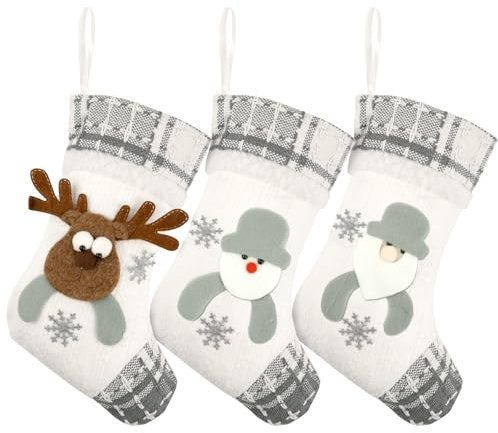Maxmoc Nikolausstrumpf, 3 Stück Weihnachtsstrumpf, Personalisiert Nikolausstiefel zum Befüllen & Aufhängen, Nikolaussocke mit Weihnachtsmann/Schneemann/Rentier für Weihnachtsbaum, Wand, Treppe (Grau)