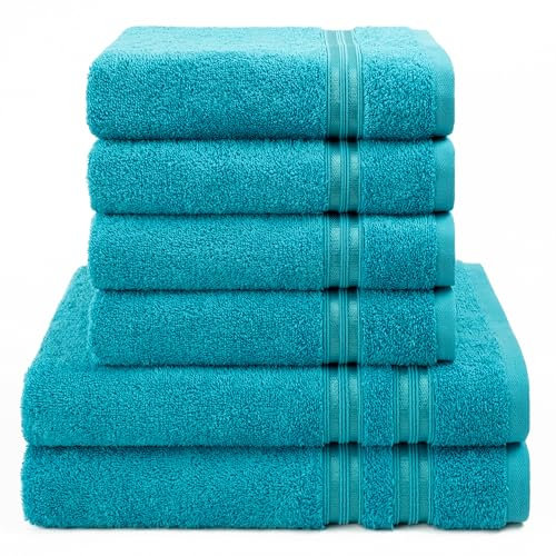 Hammetex 6 teiliges Handtuch Set, 100% Baumwolle Weich Saugstark Qualität Handtücher Set, 2 Badetücher 70x140 cm, 4 Handtücher 50x100 cm, Türkis