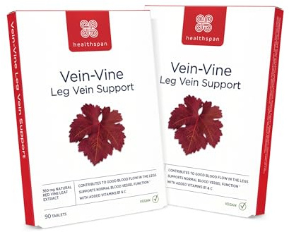 Healthspan Vein Vine Leg Vein Support 360mg (180 Tablets) | for Tired & Heavy Legs | Maintains Healthy Leg-Vein Functions | Red Vine Leaf Extract | Added Vitamins B1 & C | Vegan