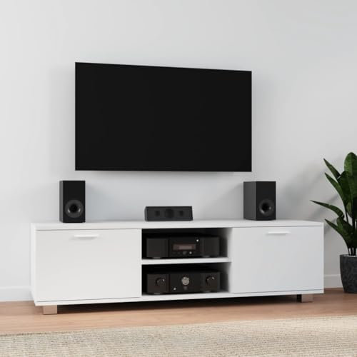 Sufrk Meuble TV blanc 140 x 40,5 x 35 cm en bois multicouche, meuble TV mobile, meuble de télévision, meuble industriel table basse vintage console pour salon