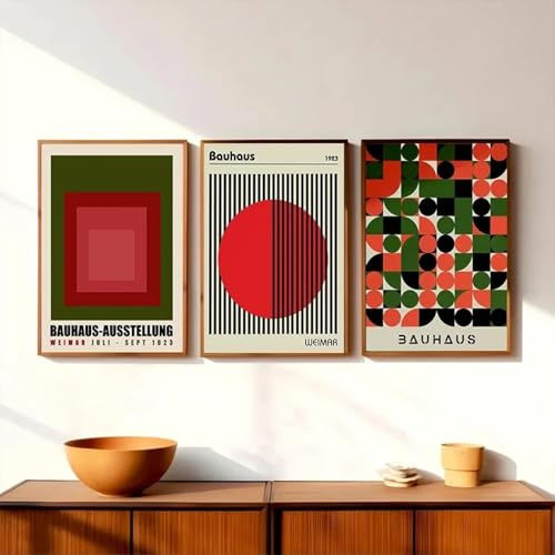 RDRDtbtr Vintage Bauhaus-Wand Bilder rote und grüne Linie Farbblock-Poster Kunstdrucke abstrakte Leinwandbild Bild Wohnzimmer Heimdekoration 50 x 70 cm x 3 ungerahmt