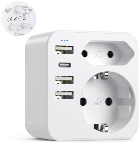 Reiseadapter Indien Reisestecker Sri Lanka Steckdosenadapter Type D mit 3USBA 1USB C, Deutschland Stecker Reisestecker für Indien, Sri Lanka,Nepal
