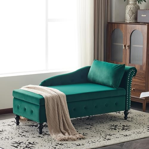 Samt-Chaiselongue-Sofa mit Stauraum, gepolstert, ergonomische Couch mit Kissen, moderner Nagelkopfbesatz, Knopf, getuftetes Design, hydraulische Liege für Wohnzimmer, Schlafzimmer, Büro, Grün
