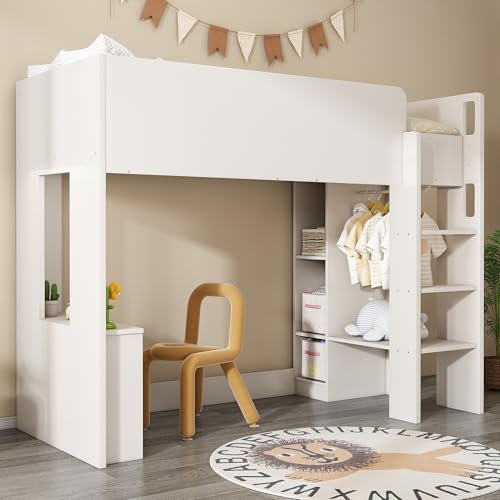 Merax Kinderbett Hochbett 90x200cm, Etagenbett mit Ablagefach, Kleiderschrank, Kleiner Schreibtisch, Platzsparendes Stockbett mit Lattenrost, Treppe, Rausfallschutz, Vielseitiges Jugendhochbett, Weiß