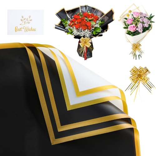 20 Blatt Blumenstrauß Geschenkpapier, Blumenpapier Papier mit Band, Blumenstrauß Papier mit Karte, Wasserfeste Bouquet Papiers für Geschenke, Blumen, Basteln (Weiß, Schwarz, 58x58cm)