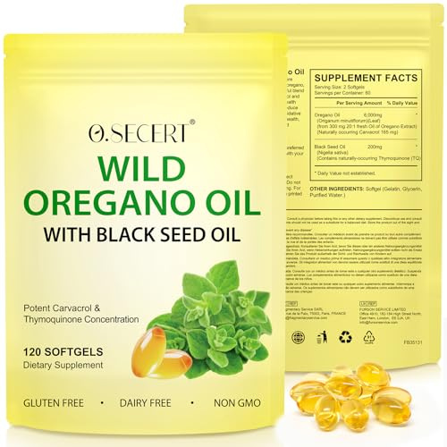 Capsule di olio di origano selvatico | 6.000 mg per porzione: olio di origano + 200 mg di olio di semi neri | Alta concentrazione di carvacrolo e timochinone | 100% naturale | 120 capsule molli