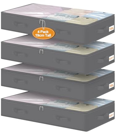 Large Under Bed Storage Box with Lid, 4 Pack 100L Capacity Underbed Storage Bag with Clear Window & Reinforced Handle, Clothes Storage for Bedding, Duvets, and Christmas Decorations (100×50×17 cm)