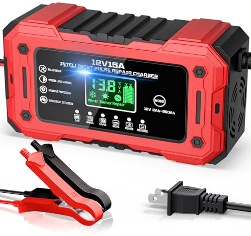 YDBAO Chargeur de batterie de voiture 15 A 12 V entièrement automatique avec écran LCD et compensation de température pour voiture, camion, moto, tondeuse à gazon, bateau