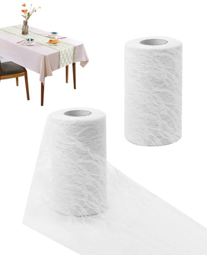 ALONK Tischläufer Spitze Weiß, 2 Rollen 15 cm X 25 M Tischband Hochzeit, Spitzenband Deko Tischläufer für Hochzeit Taufe Kommunion Festliche Dekoration