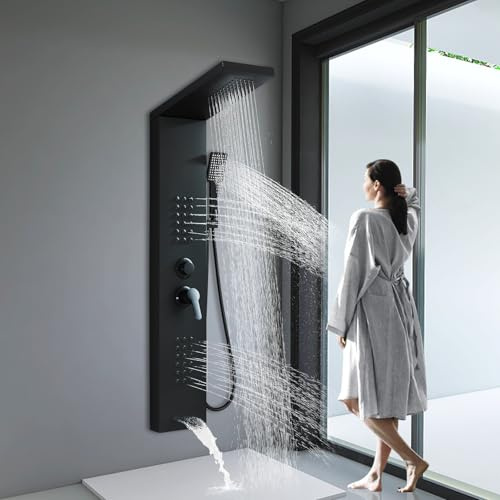 Black Shower Panel Modern Shower Tower System with Full Body Shower Jets System Handheld Spray Wall Mount Shower Panels Faucet