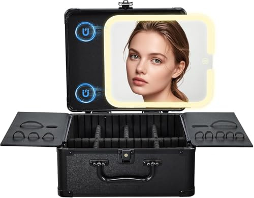 Make-up-Koffer mit beleuchtetem Magnetspiegel, Make up Koffer, Kosmetikkoffer mit 3-Farben-LED-Spiegel, tragbarer Schminkkoffer mit abschließbaren Schlüsseln, Trennwänden und Pinselhalter, Schwarz
