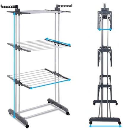 BlessTrade 4 Tier Foldable Clothes Airer Clothes Drying Rack Clothes Hanger Large Stainless Steel 4 Rolling Wheels Free Standing Space Saver Indoor and Outdoor
