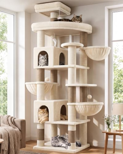 Globlazer S82 Kratzbaum Beige Groß XXL Stabil 210cm für Mehrere Groß Katzen | Luxus Katzenbaum mit mit 2 Katzenhaus, Große Plattform, 3 Korb, Sitzstangen, für 3-5 Große Katze Ausruhen Spielen Kratzen