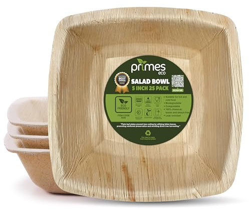 PRIMES ECO Disposable Palm Leaf Salad Bowls 5-Inch (13 cm) – Natural Palm Leaf Bowls for Snacks, Crisps and Small Salads Ideal for Parties, Weddings, Picnics, Charcuterie & Catering (25, 5 Inch)