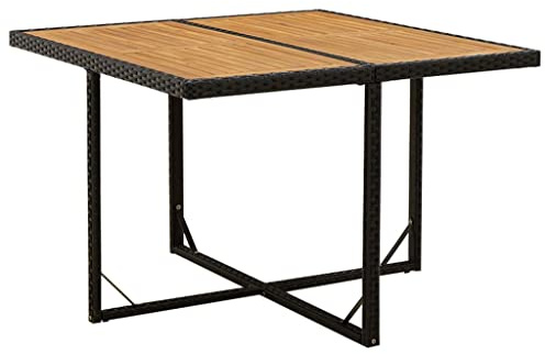 Mokuyary Gartentisch Schwarz 109x107x74cm Poly Rattan Massivholz Akazie Balkontisch Esstisch, Outdoor Tisch Partytisch für Garten Terrasse Balkon