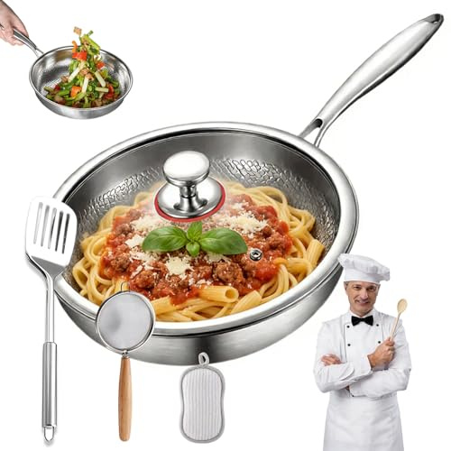 Padella in Titanio, Padelle in Titanio con Coperchio e Spatola, Padella Titanio per Cucina e Campeggio, padelle titanio Martellate Professionali per Qualsiasi Piano Cottura (Con coperchio, 22cm)