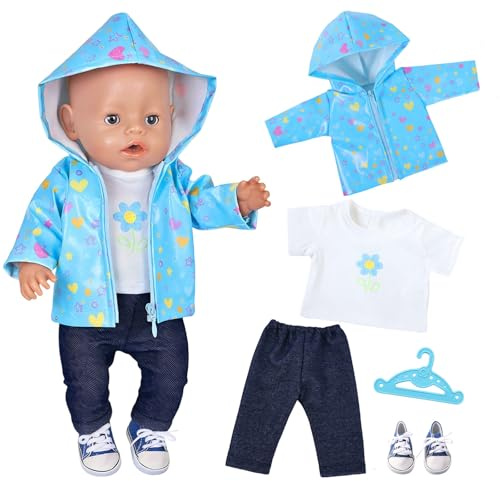 5 Stück Puppenkleidung 35-45 cm, Baby Regen-Oufit mit 1 Blauer Sternenjacke 1 T-Shirt mit Blumenmuster 1 Hose 1 Schuhe 1 Kleiderbüge für 14-18 Zoll Baby Puppen, Kleidung Zubehör Geschenke für Kinder