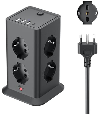 2 M Ciabatta Elettrica Multipresa con 8 Prese Universali ITA e Schuko,4 USB | 8 10A/16A AC Prese Multipla, Protezione Sovratensione Prolunga Elettrica,1 Interruttori Torretta Scarpetta Verticale 3680W